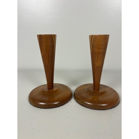 Vintage Mid Century Modern Inlaid Wood Taper Candlestick Holders Set of 2 MCM - Picture 3 of 11